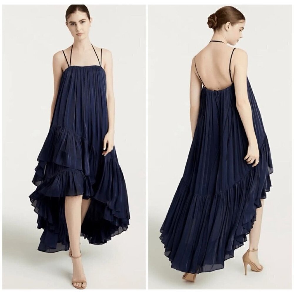 CINQ A SEPT Soleil Ruffle Trapeze Hi Low Midi Dress Navy Womens Size 4